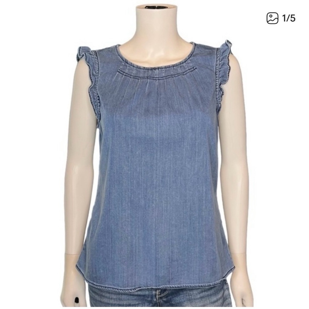 White House Black Market Denim Cap Ruffled Sleeve Top Size M